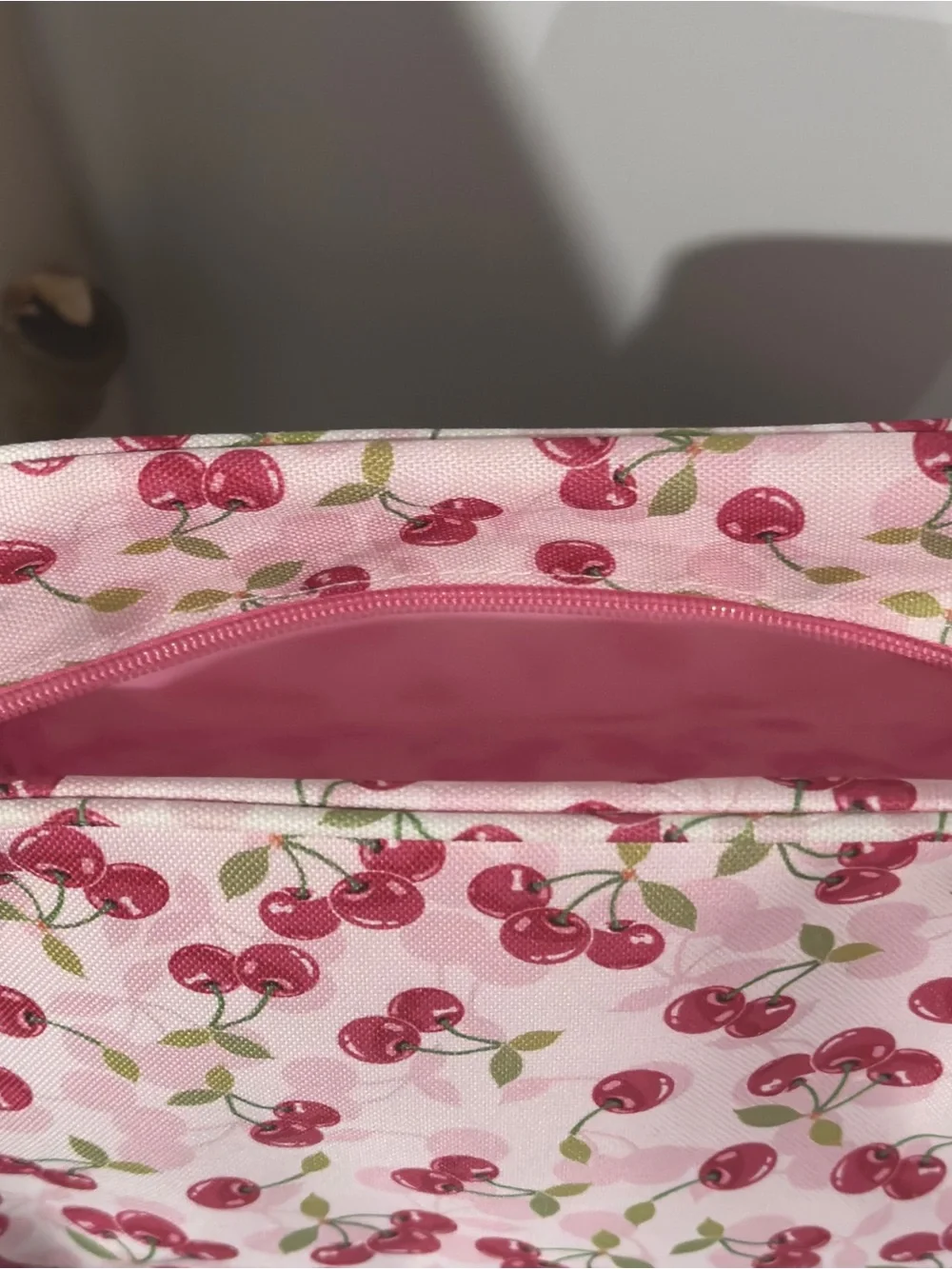 NWT Cherry Print Cosmetic Bag - Pink and Red w/ Handle